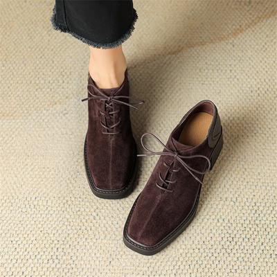 Mode Neu Frühling Herbst Schafveloursleder Spitze Damen Slipper Eckige Zehenpartie Klobiger Absatz Schuhe Komfort Damen Pumps Schuhe für Frauen Hohe Absätze