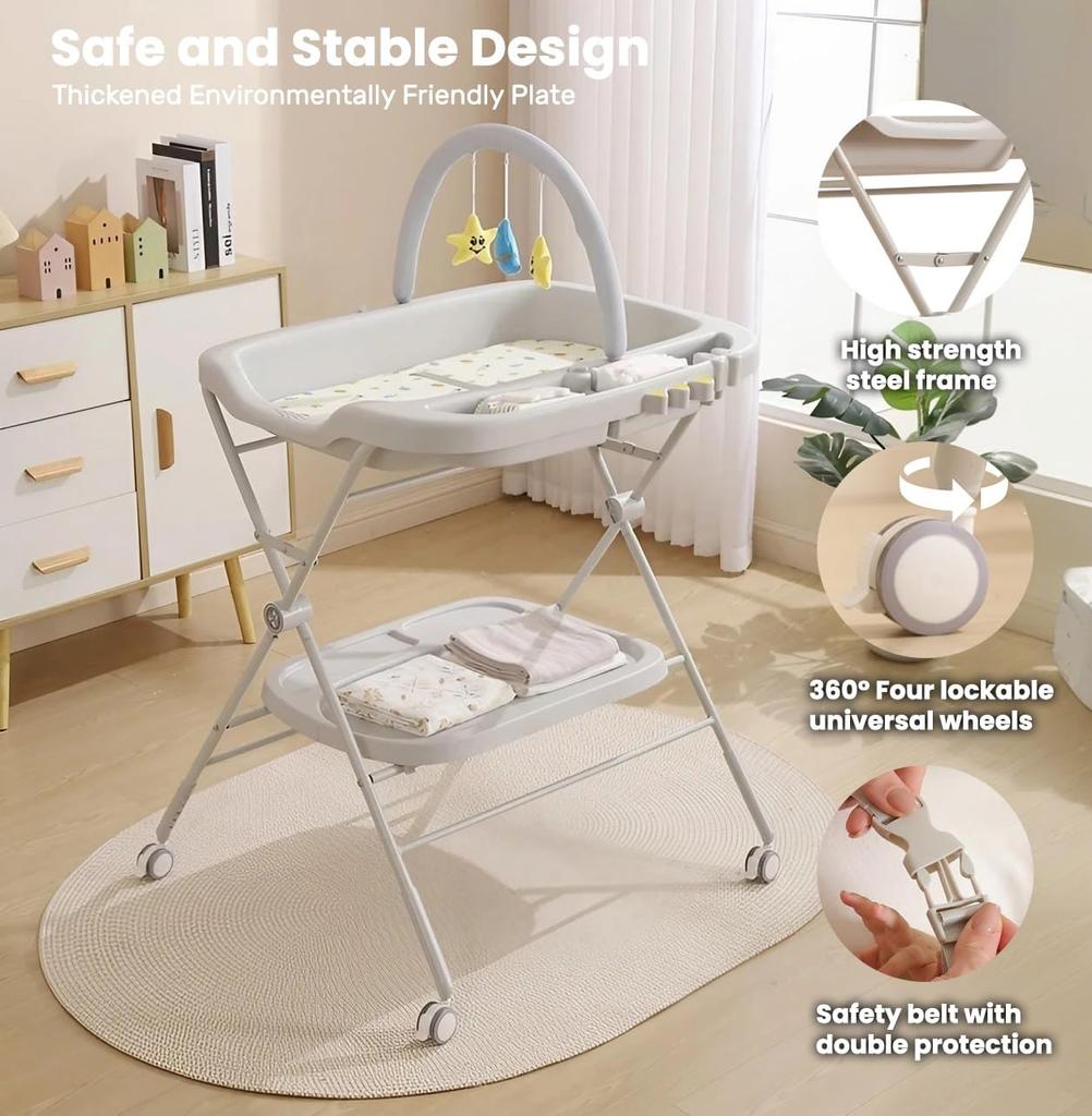 Ubravoo Baby Tragbarer Wickeltisch, Faltbar, Höhenverstellbarer Wickeltisch mit Rädern, Kinderzimmer-Organizer und Neugeborenen-Ablageregal