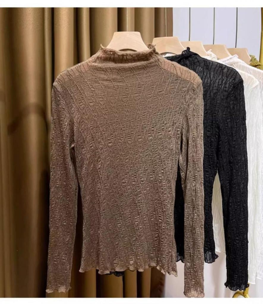 Jesienna damska koronkowa bluzka z wysokim dekoltem, prześwitująca