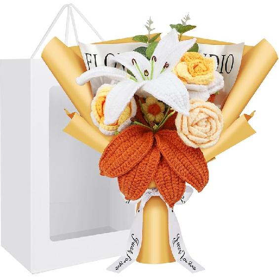 Crochet Flowers Crochet Flower Bouquet with Greeting Card Finished Handmade Knitted Flowers Roses & Lily Bouquet for Mother's Day Valentines Day