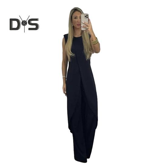 2 Pcs/Set Women Top Pants Set Irregular Hem Wide Leg Solid Color Soft Round Neck Loose Sleeveless Long Blouse Trousers Set