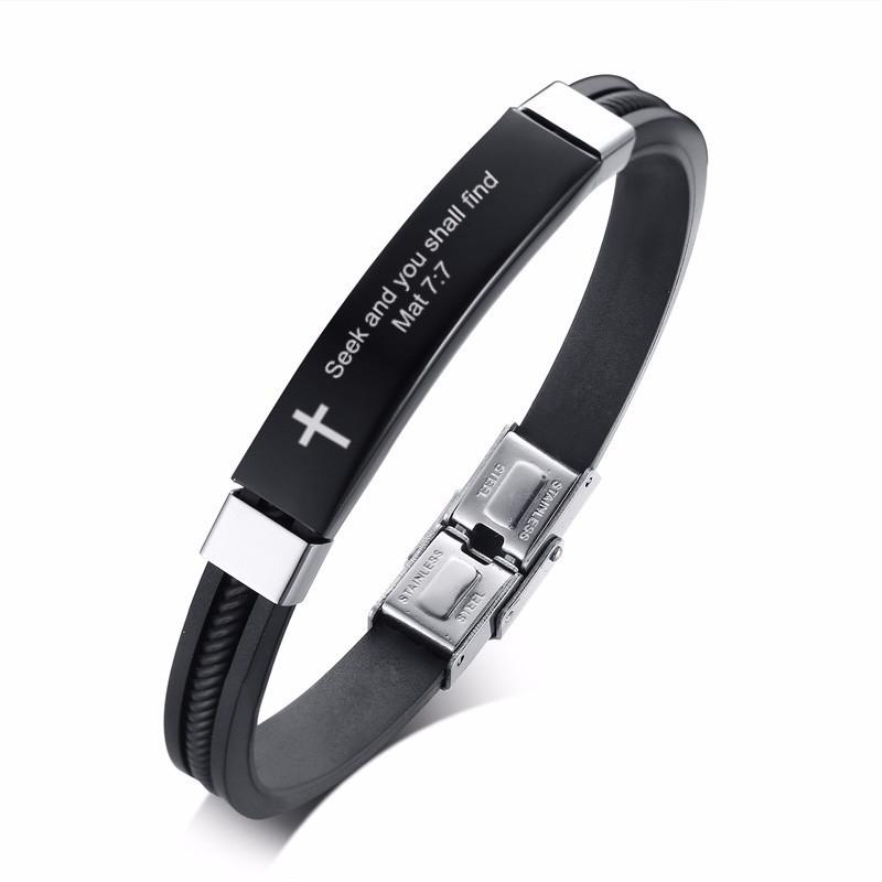 Vnox Cross Bible Verse Quotes Bracelets for Men Soft Silicone Bangle Comfort Wear Male Jesus Christ Faith Prayer Pulseira
