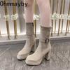 Vintage Platform Thick High Heel Women Ankle Boots Fashion Slip On Autumn Winter Female Western Short Booties