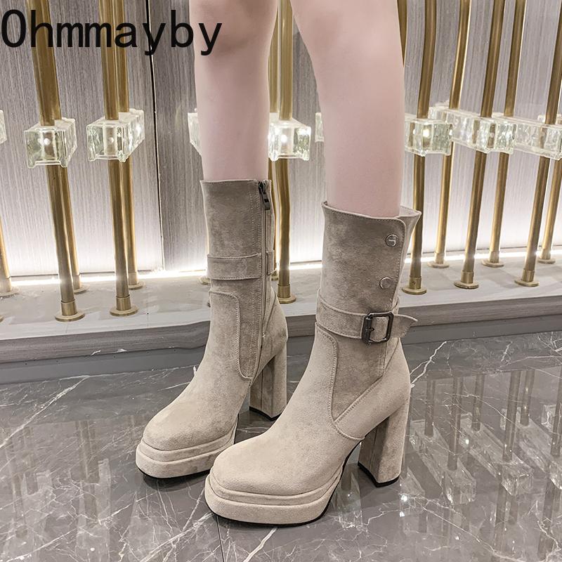 Vintage Platform Thick High Heel Women Ankle Boots Fashion Slip On Autumn Winter Female Western Short Booties