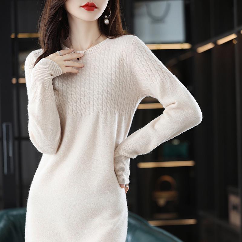 Damen Vintage Locker Gestricktes Kaschmir-Pulloverkleid - Rundhalsausschnitt, Mittellang, Übergröße, Dick für Herbst & Winter