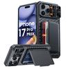 With Card Holder Sliding Camera Cover And Stand For iPhone 17 Pro Max Phone Case, Anti-Fall PC+TPU Wallet Case-Black