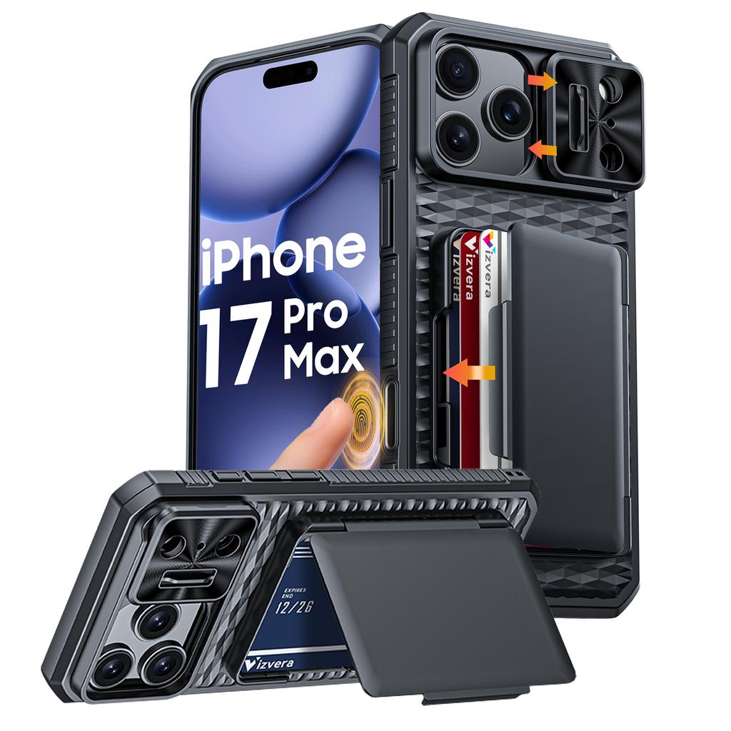 Mit Kartenhalter, Schiebefach für die Kamera und Ständer für iPhone 17 Pro Max Handyhülle, Anti-Fall PC+TPU Brieftaschenhülle - Champagner