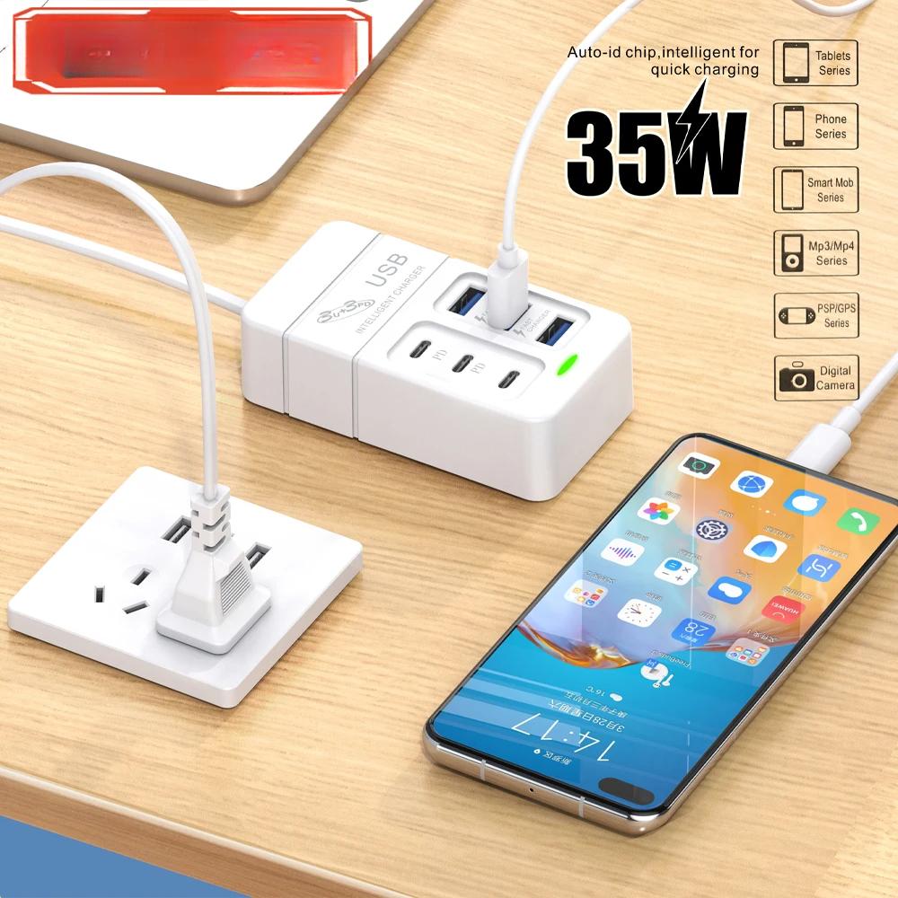 6-in-1 Surge Protector 6-Outlet Extender with 3 USB & 3 Type C Ports Power Strip Multi Plug Outlets Wall Adapter Spaced for Home