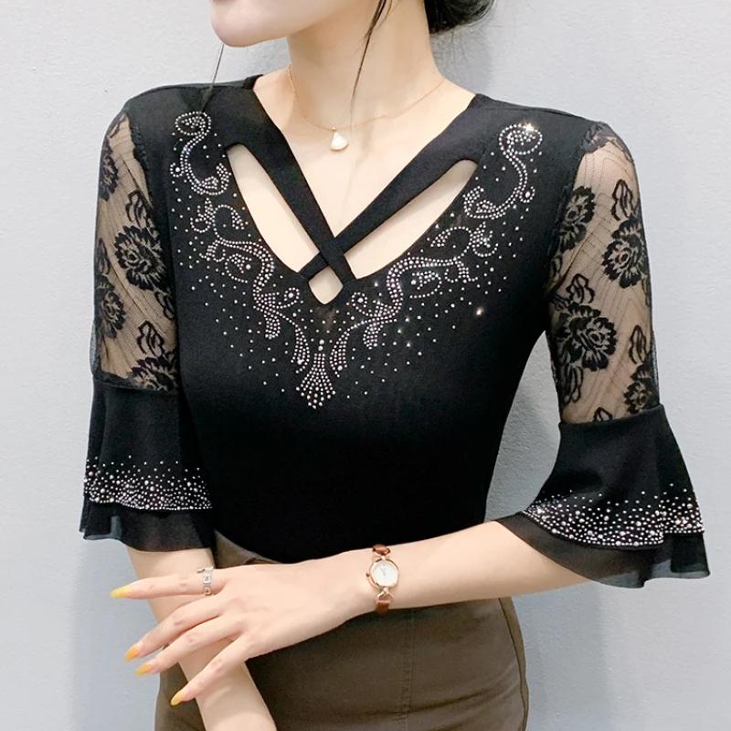 New Summer Sexy V-Neck Hollow Out Hot Diamonds Women's T-Shirt Half Sleeve Fashion Tops Classic Elasticity Mesh Flower Tees