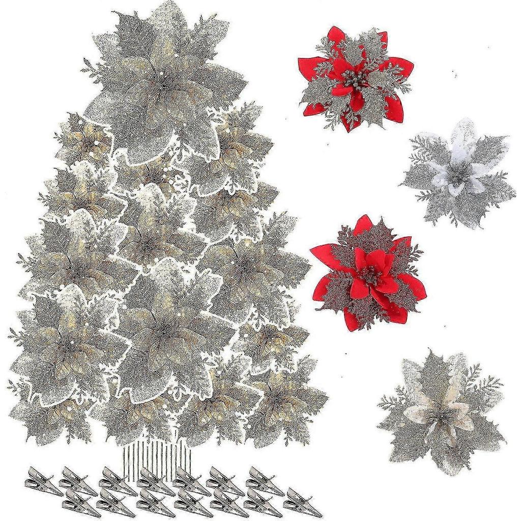 10/20pcs Christmas Flower Poinsettia Artificial Flower With Clip Christmas And Year Party Floral Decoration hwyC