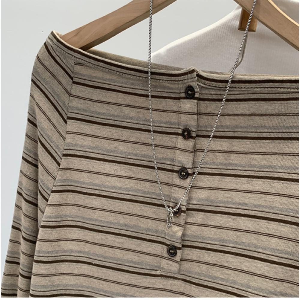Autumn 2025 New Arrival: Women's High-End Korean Style Striped One-Shoulder Long-Sleeved T-Shirt