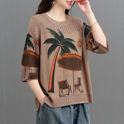 Cotton Sweater Women Plus Size Autumn Loose Round Neck Retro Printing Sweater Comfortable and Versatile Elastic Knit Sweater