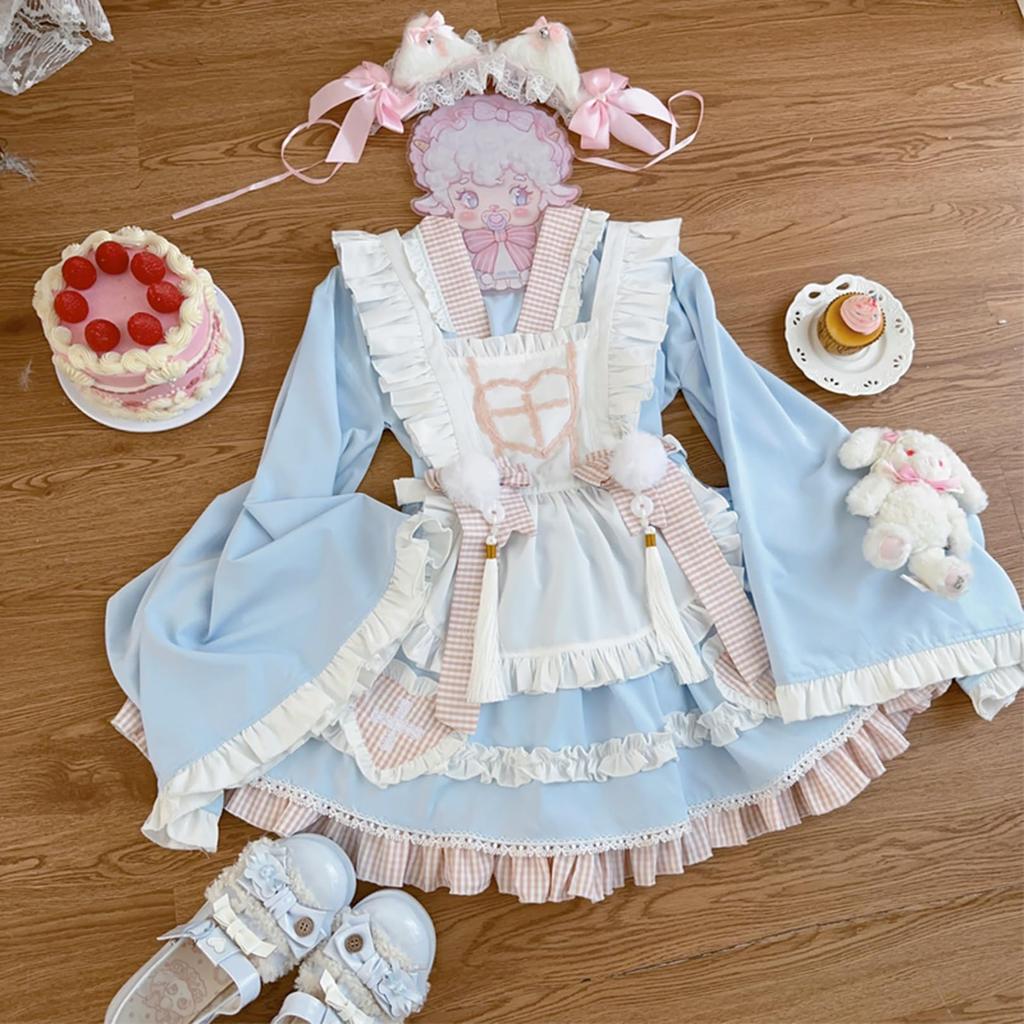 Toku and Yu Lolita Maid Japanese Kimono with Ribbon and Tassel Cute Checked Long Mori Girl Perfect for Tea School and Costumes Size Dress, Style,