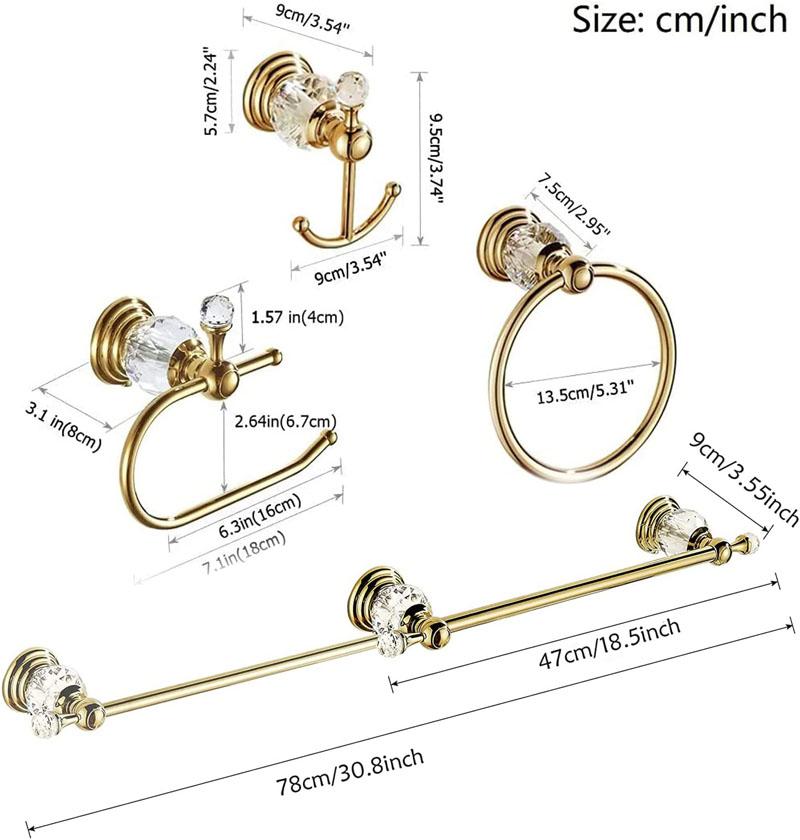 4-teilige Gold Badezimmerzubehör-Sets Messing&Kristall Ausziehbarer Handtuchhalter Wandmontiertes Papierregal Badezimmer-Hardware-Set