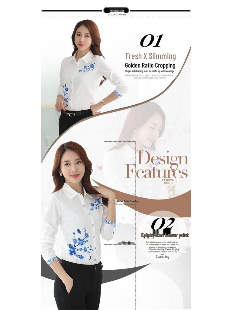 2025 Women's Fashion Long-Sleeve Chiffon Shirt - Spring & Autumn Collection, Printed Design, White