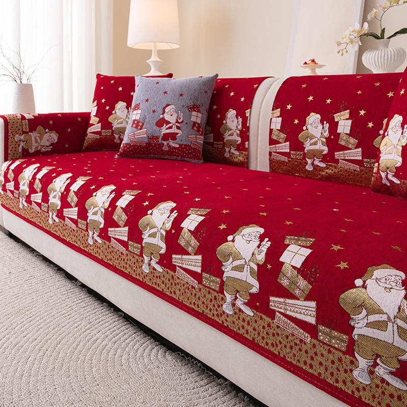 Holiday Santa Claus Printed Sofa Cushion Soft Chenier Couch Slipcover for Living Room Four Season Universal Corner Sofa Covers