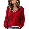 Women's V-Neck Cable Knit Sweater Loose Fit Color Block Long Sleeve Pullover Top