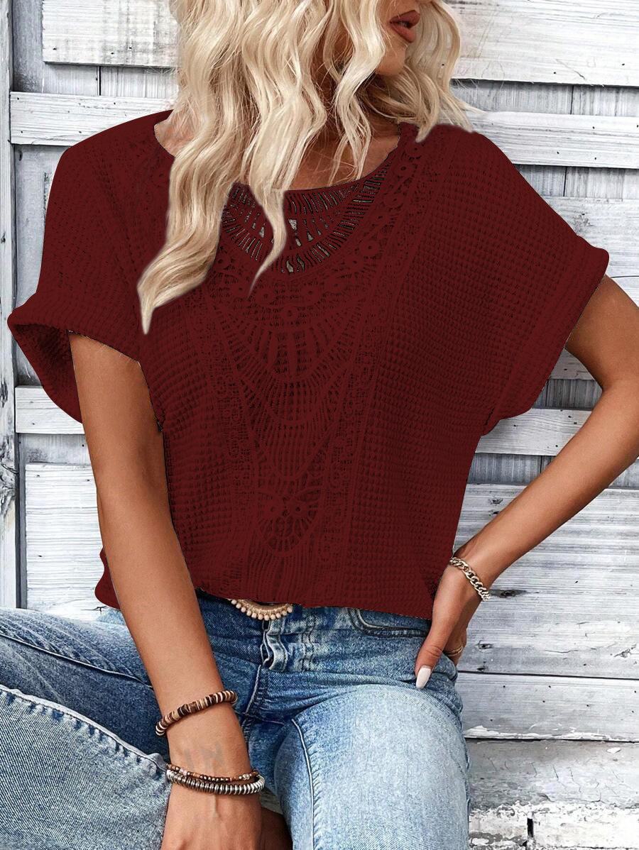 

Футболка с коротким рукавом и кружевной отделкой 2024 года для женщин - Европейская и Американская коллекция Весна/Лето 3XL кларет