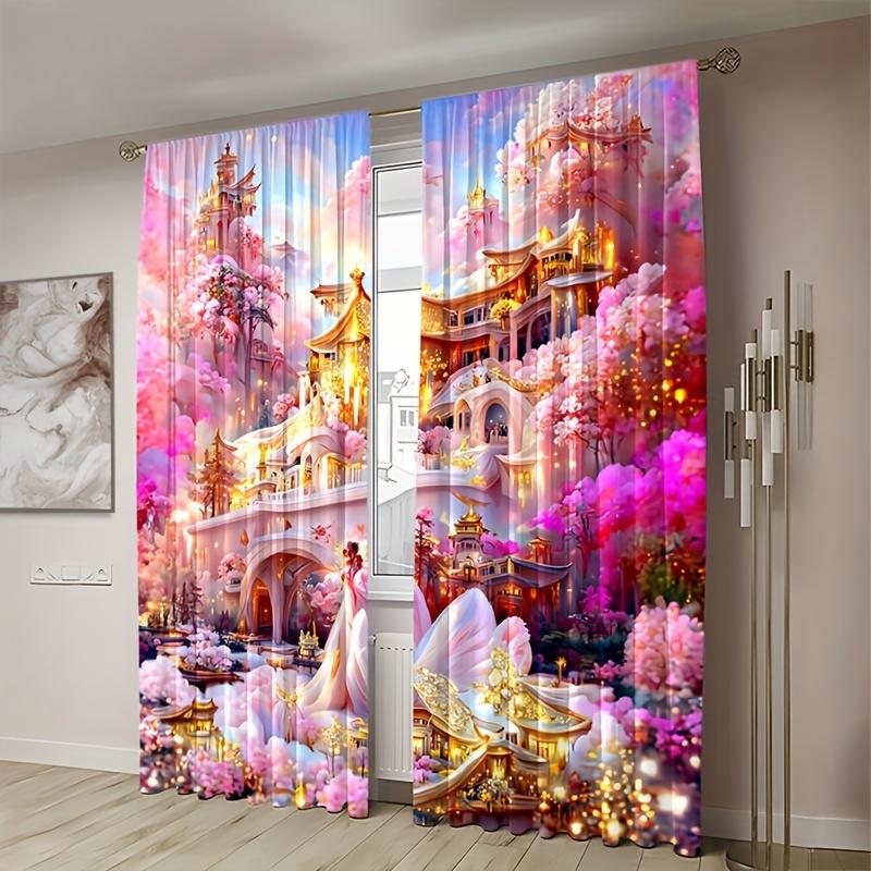 2 st Rosa Blomtryckta Gardiner Kristallvindspel För Vardagsrum Arbetsrum Sovrum Matsal Bakgrundsgardin Heminredning