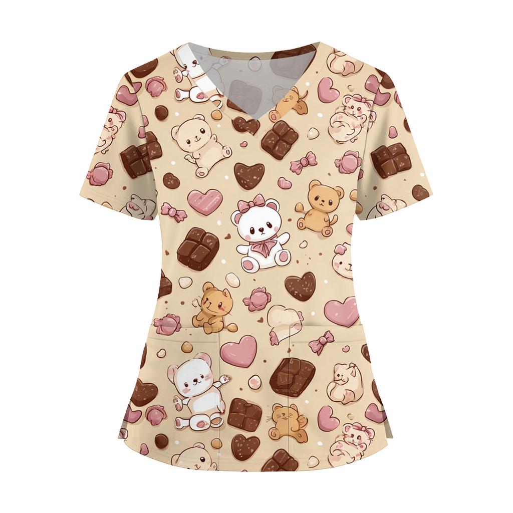 Women's Fashion V-Neck Short Sleeve Overalls With Pockets  Print Tops  Clothes