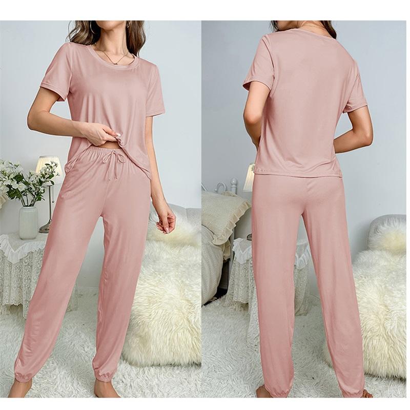 Pyžamový oblek klasický dámský jednobarevný mléčný hedvábí s krátkým rukávem kulatý výstřih tričko kalhoty oblek