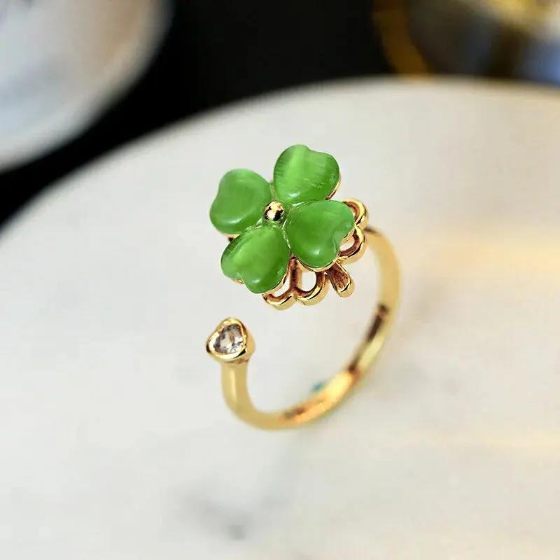 

1pcs new fashion rotating four-leaf zircon opening adjustable ring luxury niche design high-end sense of jewelry resizable