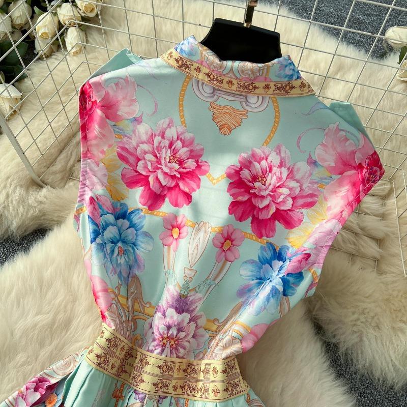 Léto Francie Elegantní Vintage Designové Ženy Potisk Tlačítko Plisované Tenké Dlouhé Společenské šaty Dámské Ležérní Elegantní Sváteční oblečení Nové