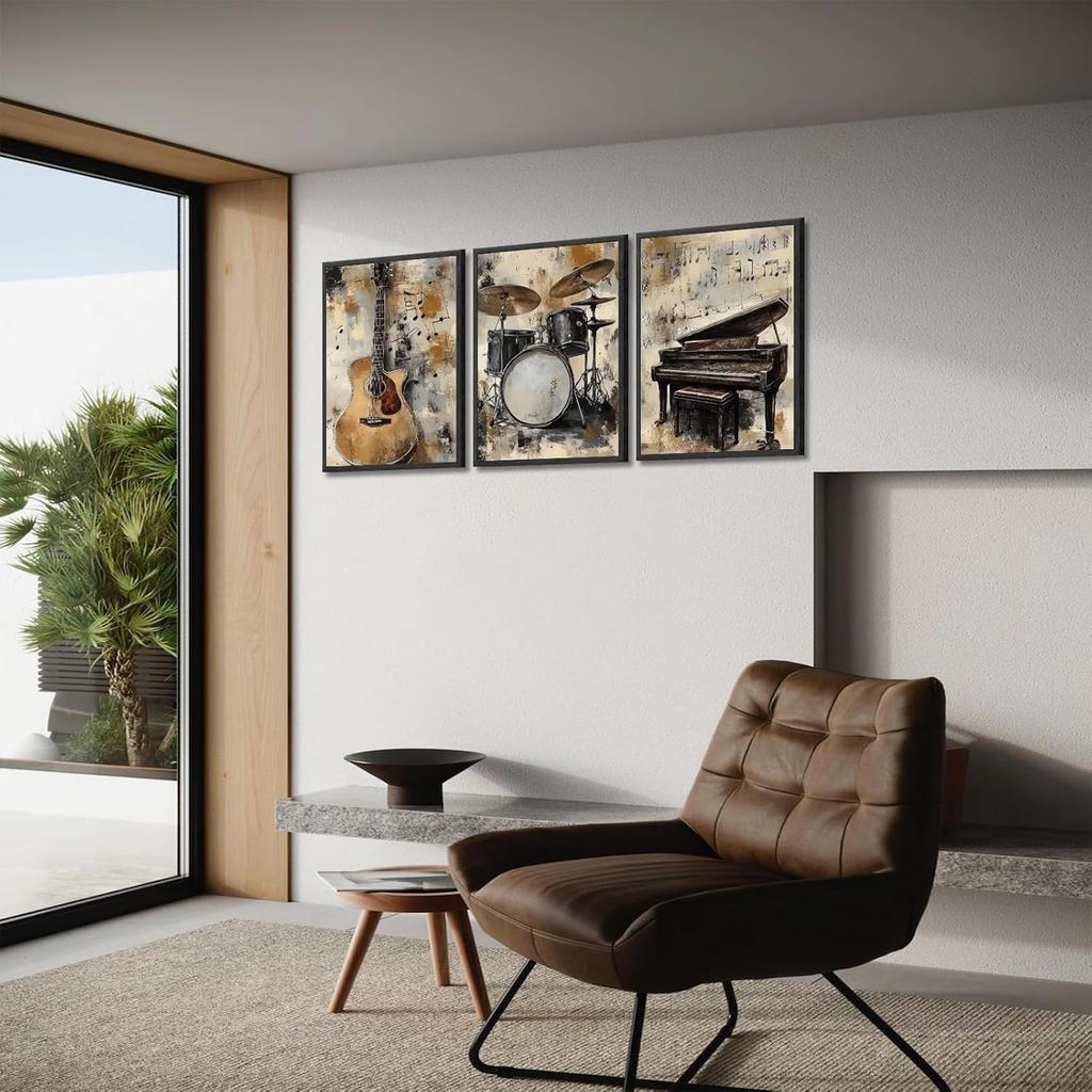 lyrae 3pcs Vintage Musical truments Wall Art Piano Guitar Drum Set Posters Artwork Music Theme Painting Pictures Wall Decor for Studio Gallery Home