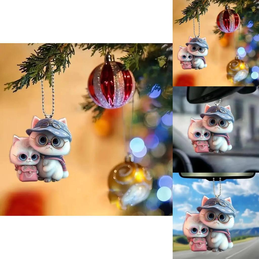 Acrylic Flat Surface Couple Cat Car Pendant With Hat Cute Decor For Auto Interior Enthusiasts