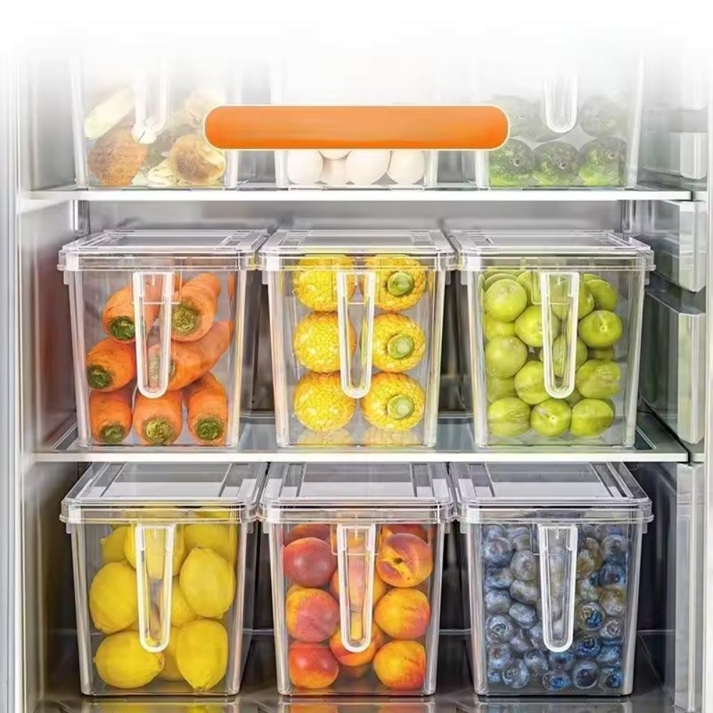Stackable Food Grade Refrigerator Storage Box With Handle Airtight Fridge Organizer Bins For Food Kitchen Pantry Freezer