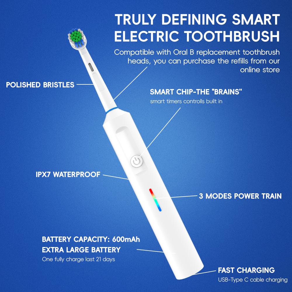 Electric Toothbrush, 6 Brush Heads & Travel Case, 3 Modes Rechargeable Electric Toothbrushes, Oral B Toothbrush Heads Compatible