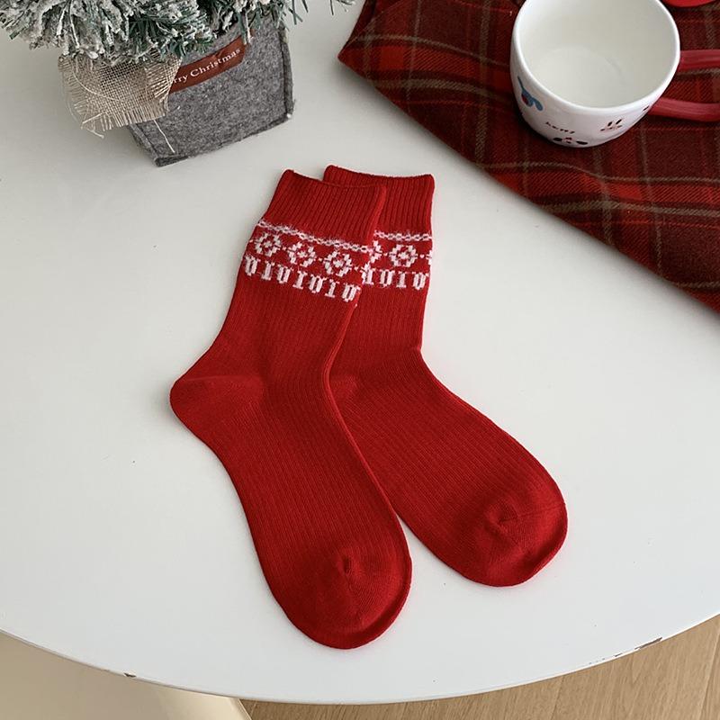 5 Pairs of Female Autumn and Winter Animal Red Mid Tube Stocking