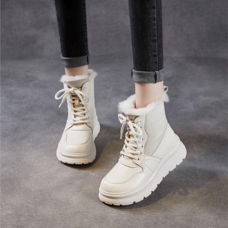 Johnature Genuine Leather Women's Shoes Leisure Thick Soled And Plush Warm Wool Lace-up Short Boots