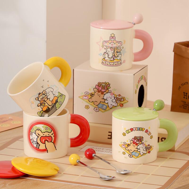 OLOEY Cartoon Puppy Ceramic Mug with Lid and Spoon