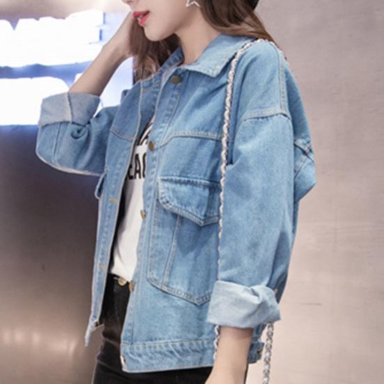 Winterjacke für Damen, lange Ärmel, Umlegekragen, Brusttaschen, Knopfverschluss, Mantel, einfarbig, lässig, Streetwear, Jeansmantel