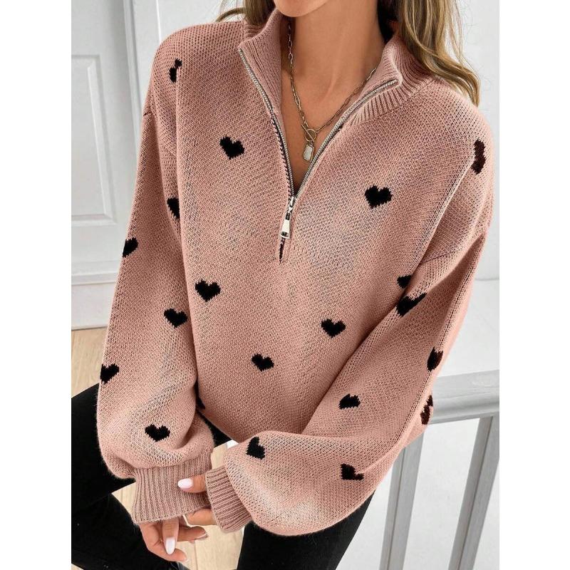 Damen Lockerer Halb-Reißverschluss Gestrickter Langarm Pullover mit Herzmuster Freizeit