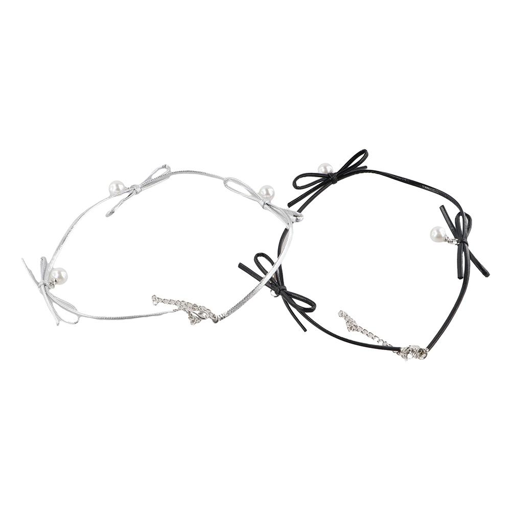 Korean Style Pearls Pendant Clavicle Chain Silver Color Balletcore Choker PU Bow Necklace  Gift