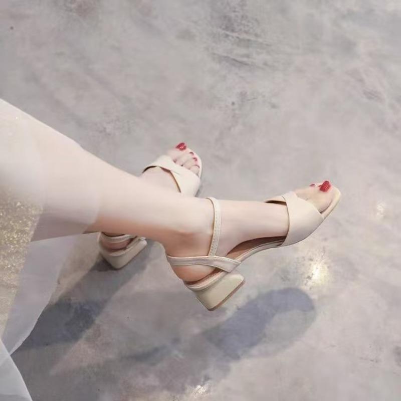 Chunky Heel Sandals - Women's Slip-on Waterproof Versatile Soft Leather High-heel Beach Shoes