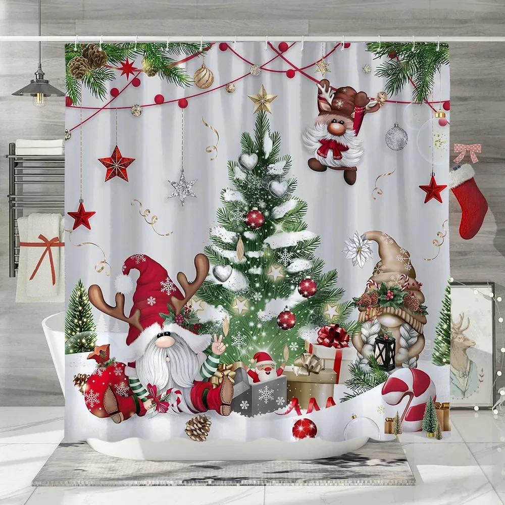 GAEChristmas Shower Curtain Santa Claus Snowman Elf Snowflake Cartoon Winter Rustic Home Polyester Fabric Bathroom Decor