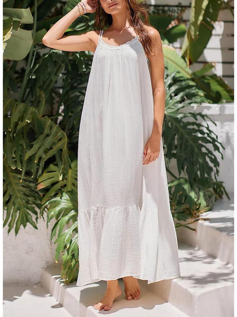 Summer Retro French Tea Break Cotton Camisole Dress - Textured, Skin-Friendly & Versatile Mid-Length with Frill