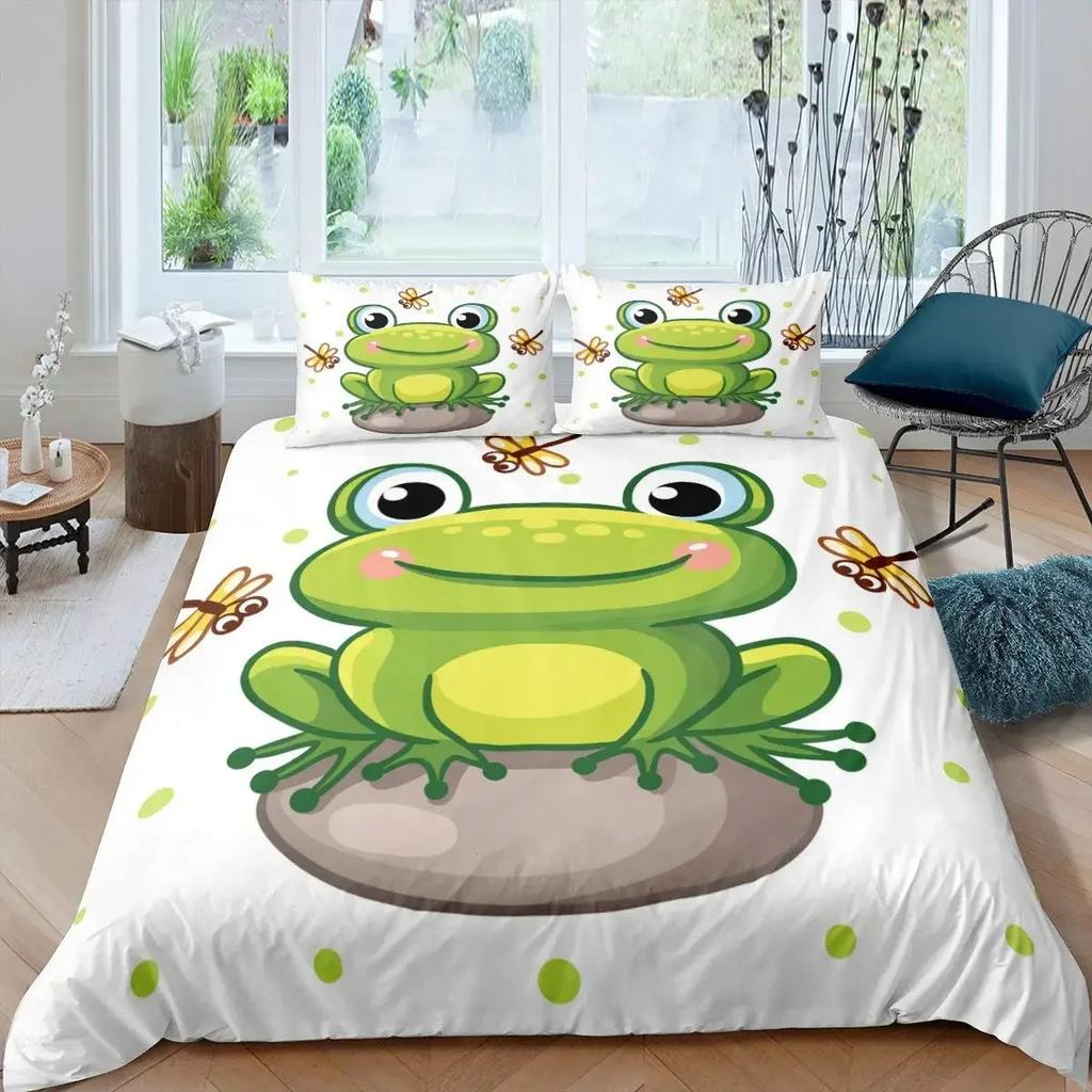 Cartoon Frog Duvet Cover 3D Animals Comforter Cover Rain Cute Animal Frog Green Gray Bedding Set With Pillowcases 75*50Cm