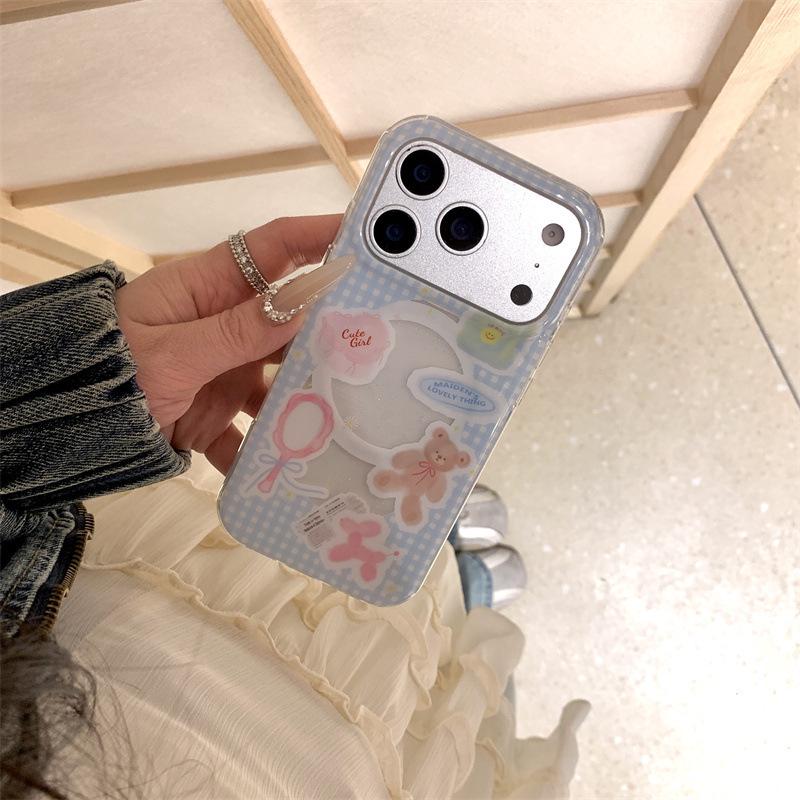 

Blue Plaid Little Bear Illustration Magnetic Phone Case for iPhone 17/16 Pro Max/15/14 iPhone 17 Pro