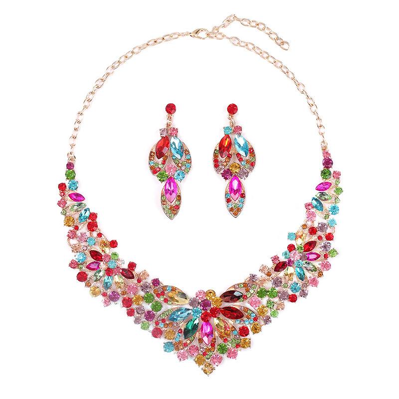 Dress Jewelry Necklace Earrings Two-Piece Set Colorful Flowers Bride Vintage Premium Design