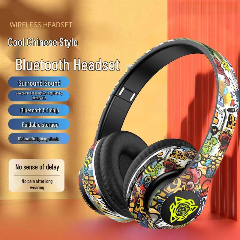 

Guochao Bluetooth Headphones: Graffiti Design, Luminous Colors, Long Battery Life, Cool Lighting, Foldable.
