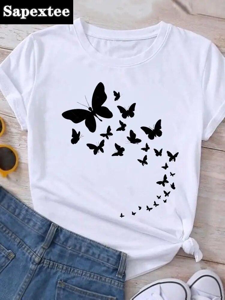 Graphic T Shirt Sunflower Butterfly Cute Summer Casual Clothing Short Sleeve Women Print Fashion Clothes Tee T-shirt FeUnisex Top