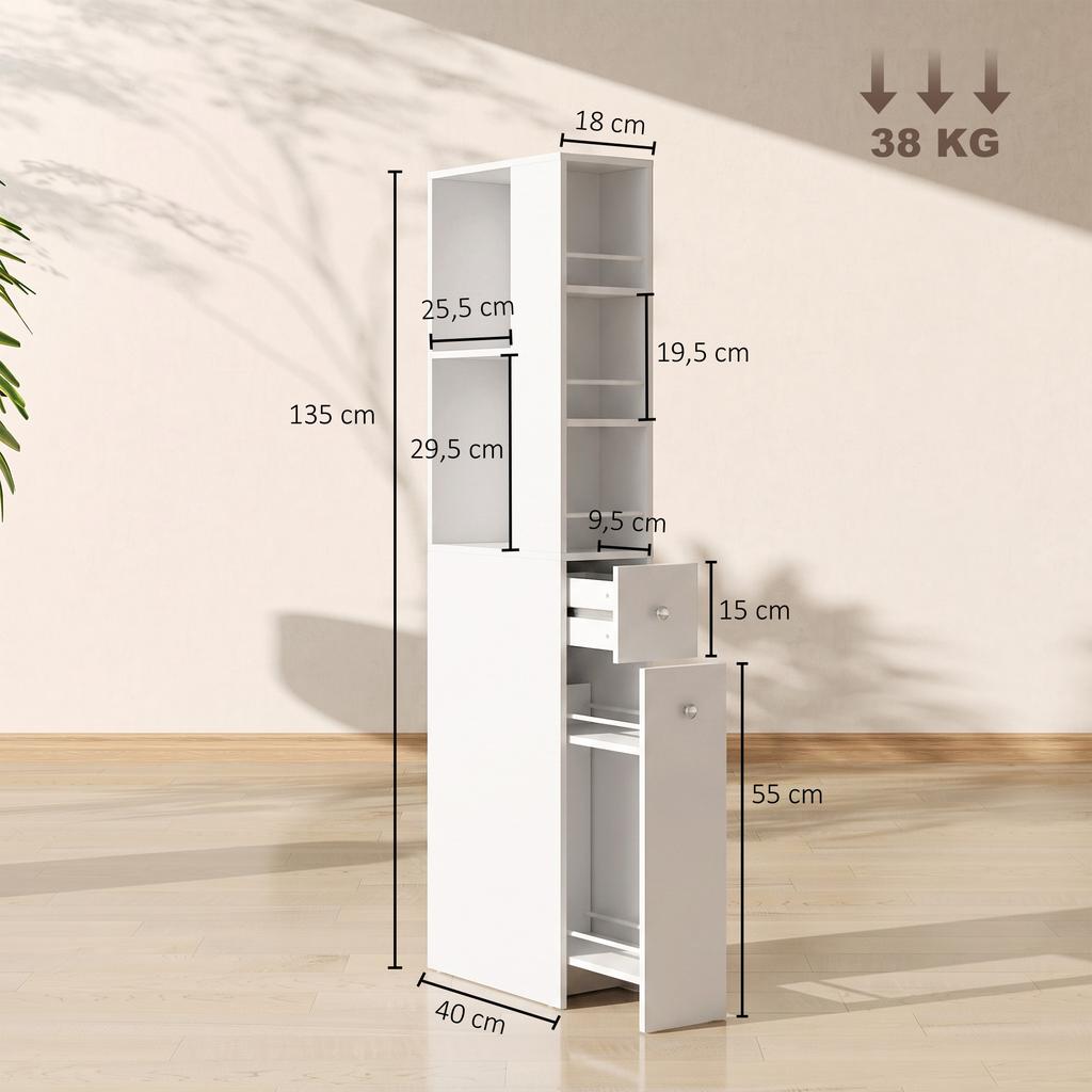 Narrow Tall Bathroom Cabinet 135 Cm Bathroom Cabinet With 2 Drawers White