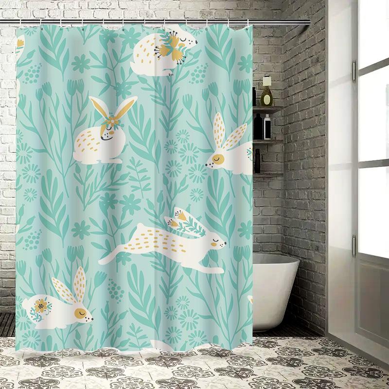 Charming Owl Rabbit Print Shower Curtain Blue Floral Pattern for Bathroom Decor Easy Installation with Hook Rings Set Included (