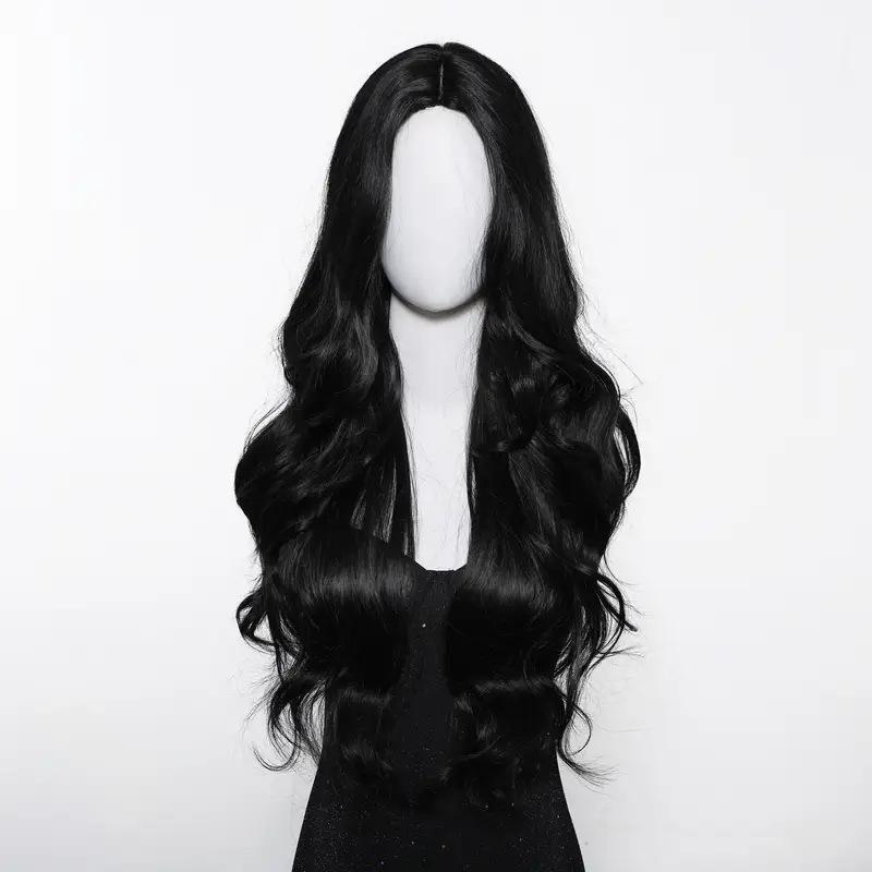 Black Synthetic Wig with Middle-parted Long Hair and Big Waves for Party or Daily Use. High-temperature Synthetic Hair Cap.