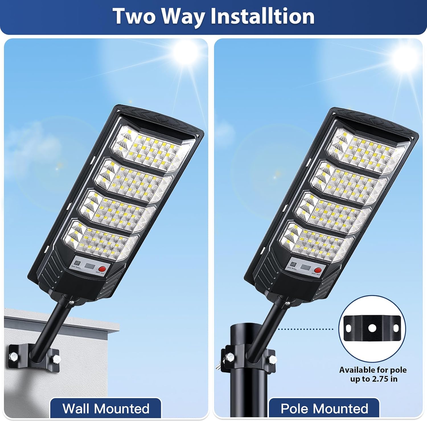 

2 Pack Solar Street Lights Outdoor Waterproof 6500K LED Motion Sensor Dusk to Dawn Flood Lights with Remote for Parking Lot & Co 2 Pack