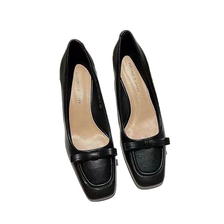 French Apricot Thick Heel Square Head Light Mouth High Heels 2025 Spring New Temperament Soft Leather Medium Heel Professional Single Shoes Women